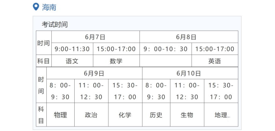 2023年海南高考時間安排,海南高考時間2023具體時間表