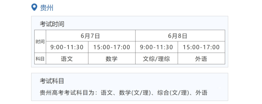 2022年貴州高考時間安排,貴州高考時間2022具體時間表