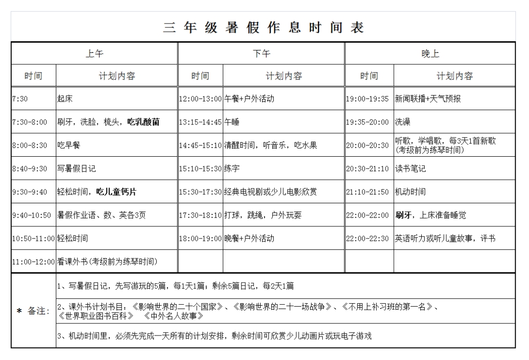 小學三年級暑假計劃表模板,小學三年級暑假作息時間表