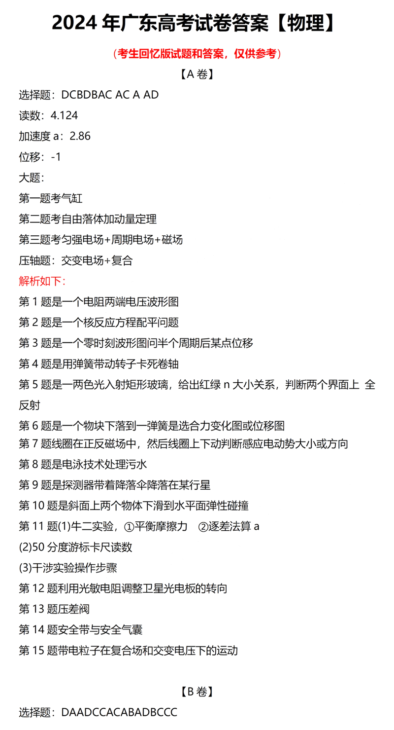 2024年廣東高考物理試卷真題及答案解析